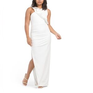 One33 Social White Ruffle One-Shoulder Gown with Front Slit Size 4